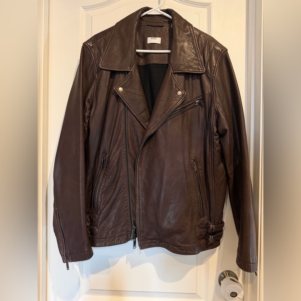 DKNY Dark Brown 100% Lamb Leather Biker Jacket